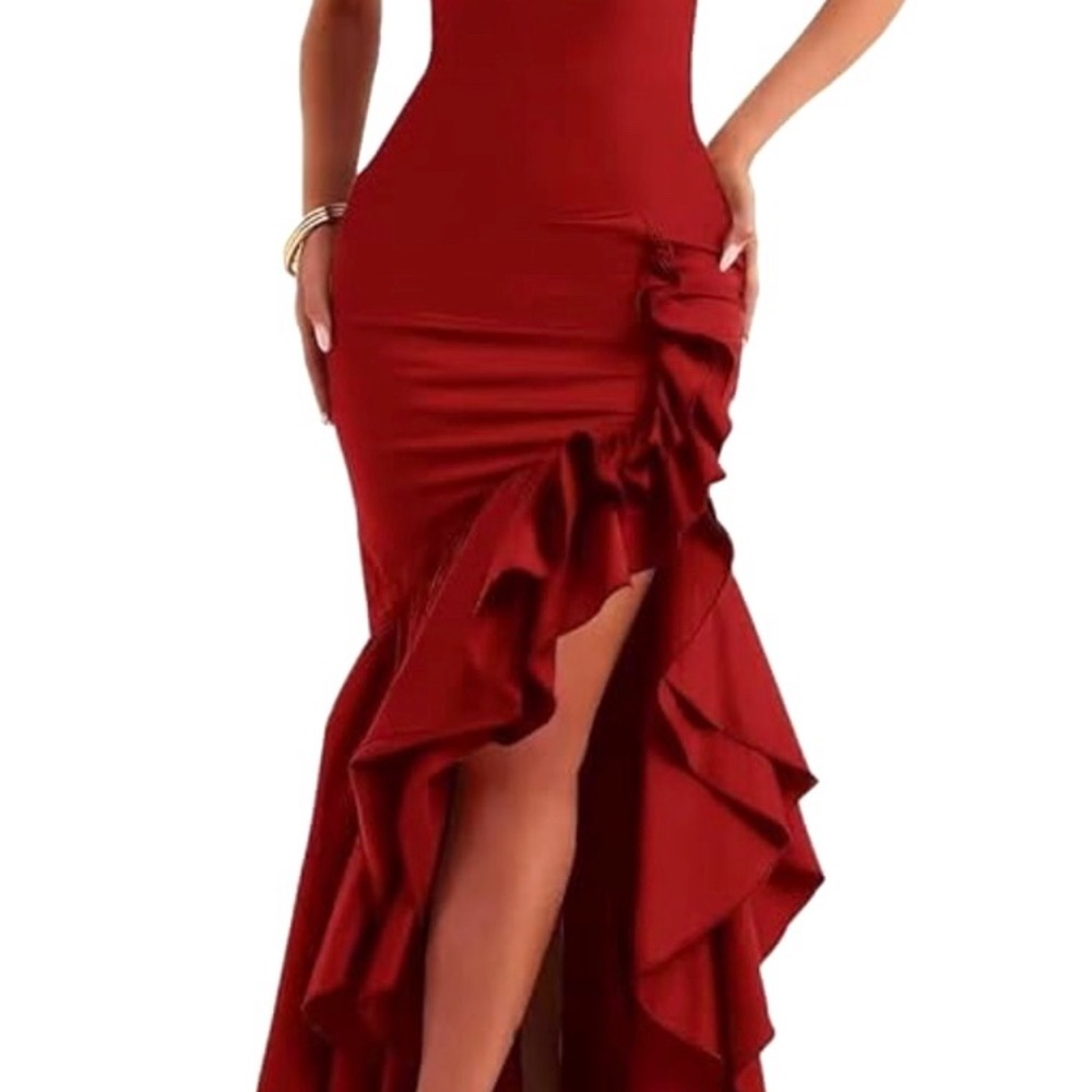 Red Asymmetrical Ruffled Strapless Gown